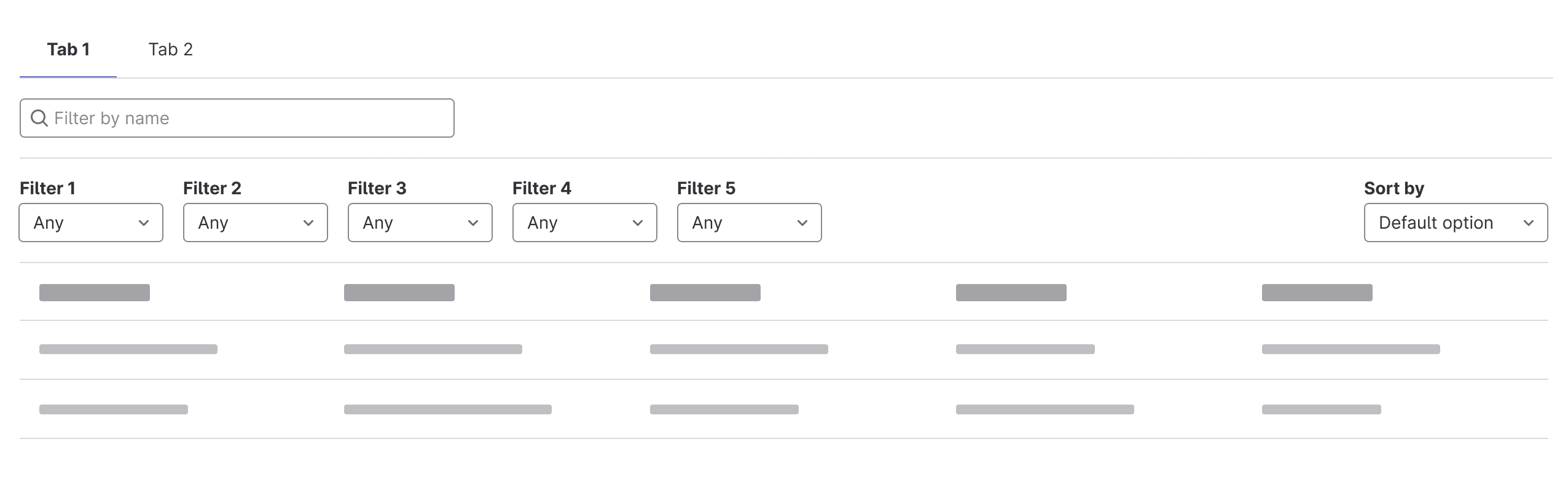 Two tabs with search below on the left, dropdowns for fitlers below in its own row, and sorting dropdown right-aligned to the filters