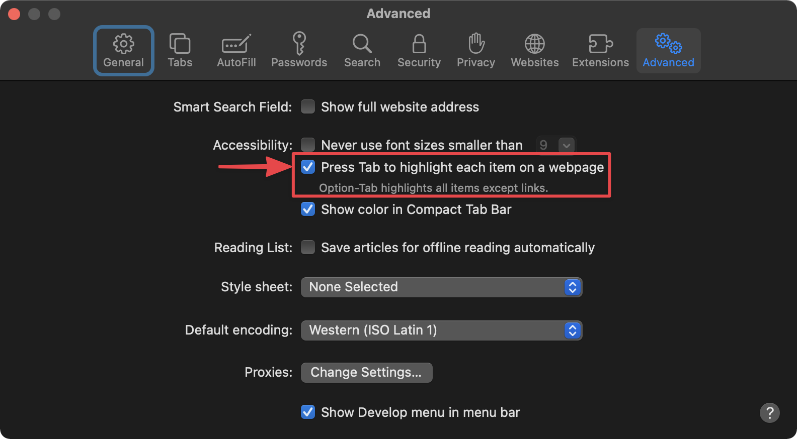 Safari browser advanced settings