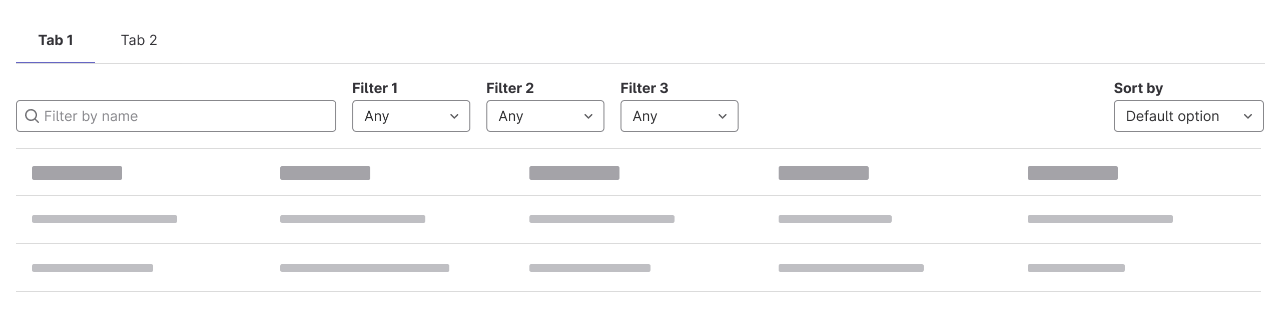 Two tabs with search below on the left, dropdowns for fitlers to the right of search, and sorting dropdown right-aligned to the filters